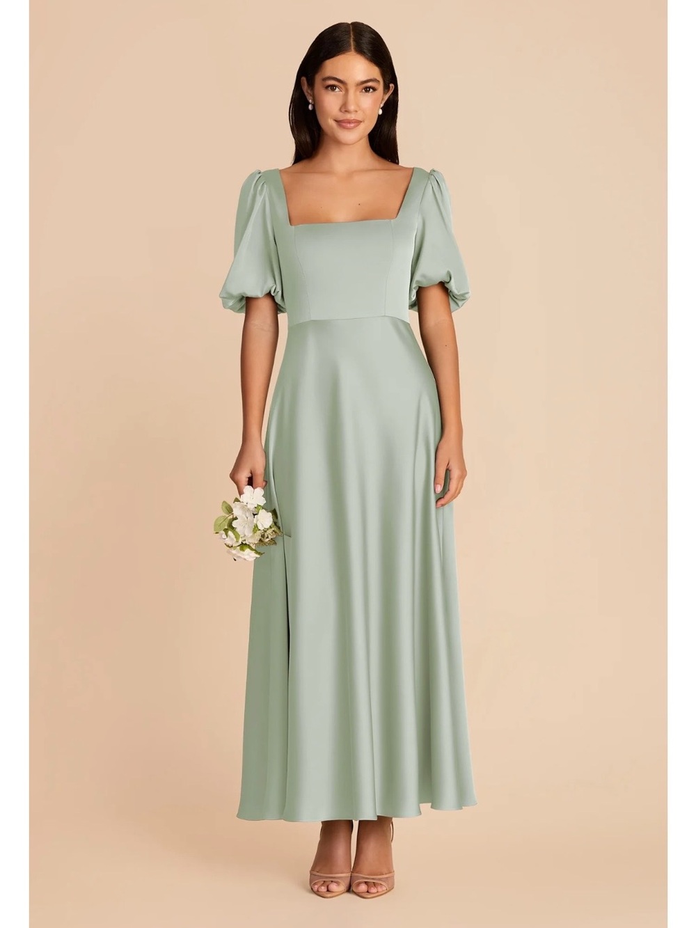 Birdy Grey Sage Green Square-Neck Puff Sleeve Maxi Dress